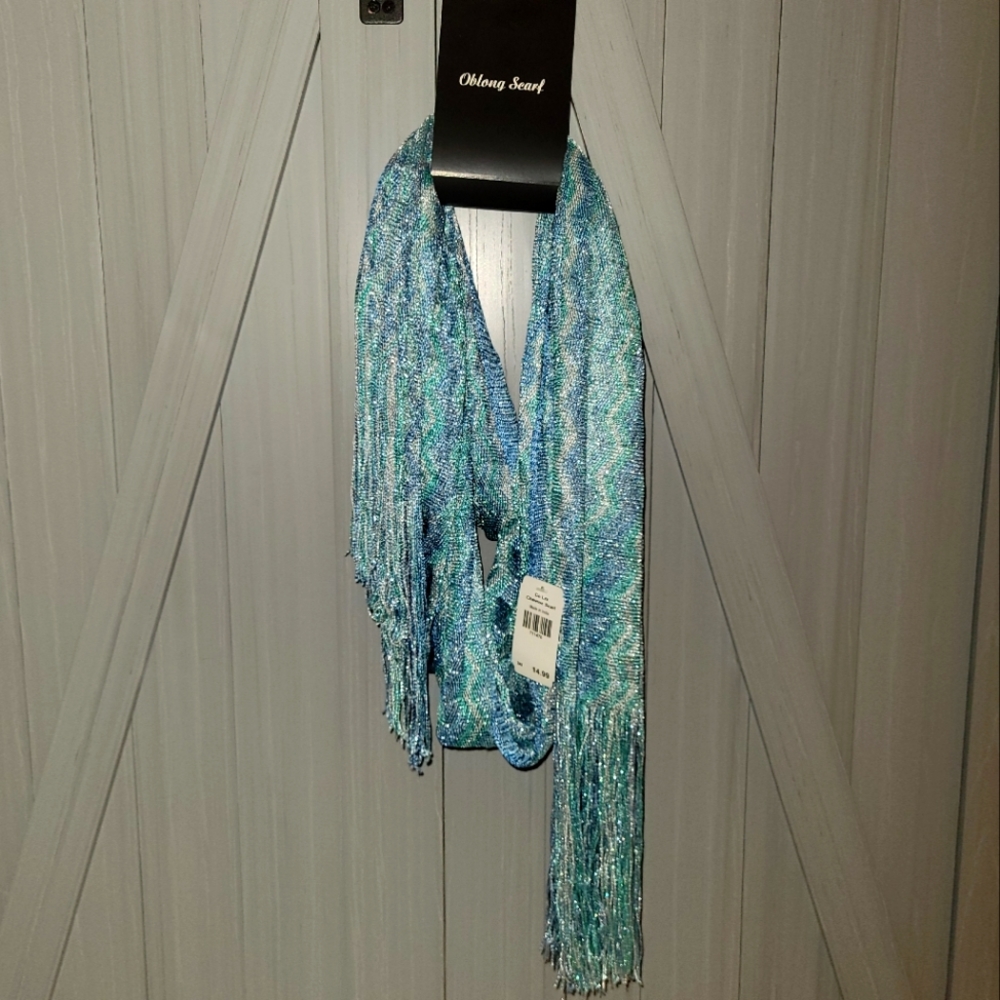 NWT Oblong Scarf Mermaid Metallic blue green white